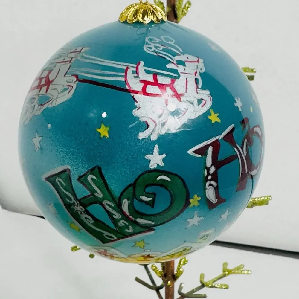 Pier 1 Li Bien 2009 Glass Ornament Santa Sleigh Reindeer Ho Ho Ho Inside Painted